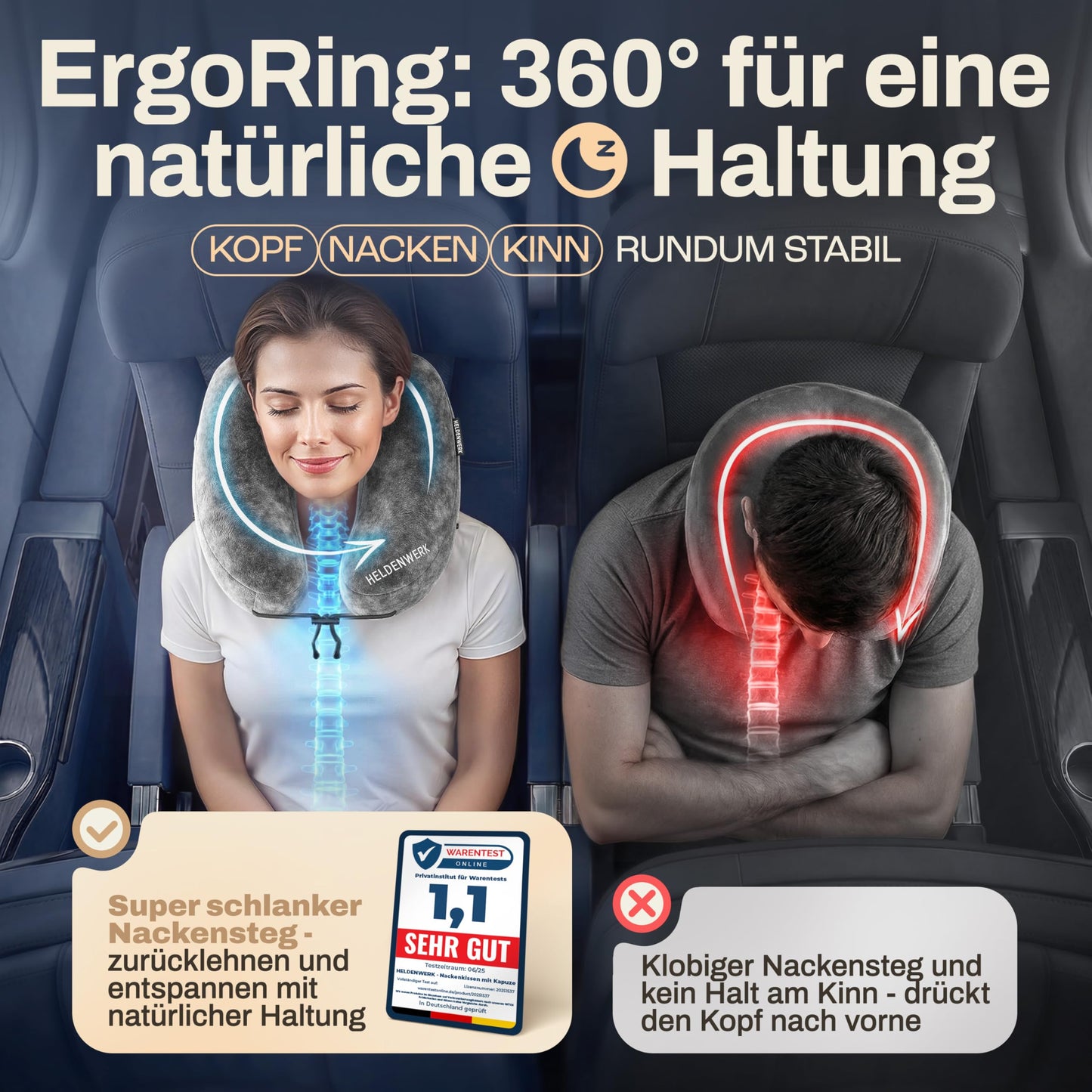 Heldenwerk Nackenkissen – Aufblasbar – Komfortventil – Kapuze – Large – Dunkelgrau