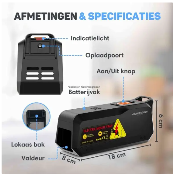 Vulpes Goods® - Elektrische Mausefalle Mini - 18,8 x 8 x 6 cm - Ausgestattet mit 1800V Schockspannung und doppelter Leistung und LED-Anzeige und Summer - Für Innen und Küche - Schwarzer ABS-Kunststoff
