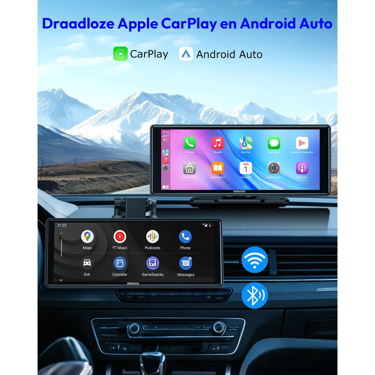 ESSGOO tragbarer CarPlay-Bildschirm, 10,26 Zoll – kabellos