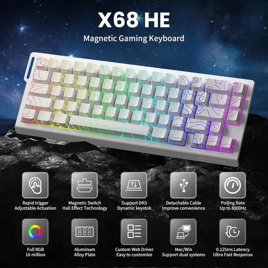 ATTACK SHARK X68HE - Magnetschalter kabelgebundene Gaming-Tastatur - 66 Tasten - RGB - PBT-Tasten mit Seidendruck - Zierstreifen - 8Khz - 0.01mmRT - 0.125ms - weiße Konturlinie