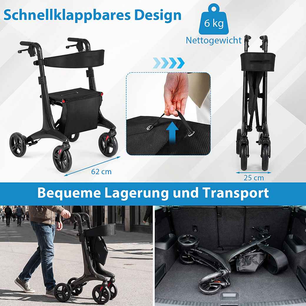 Coast Faltbarer Rollator Schwarz - Ultraleichte Carbon Gehhilfe mit Sitz - 78 x 62 x 86-99 cm