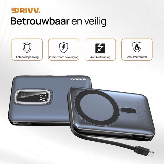 Powerbank 10.000 mAh, kompatibel mit MagSafe, mit USB-C-Kabel – 3-in-1-Design – 22,5 W kabellose Powerbank – inklusive 60-W-Ladekabel – Schnellladefunktion – USB & USB-C – Schwarz –