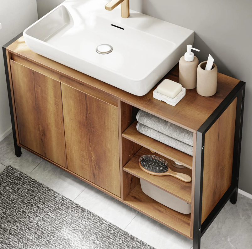 SoBuy Waschbeckenunterschrank 90 x 30 x 60 cm – Braun/Schwarz – 2 Türen – 3 Einlegeböden