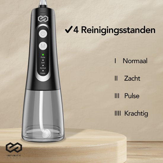 Infinity Goods Water Flosser - Oral Washer - Elektrische Zahnseide - Schnurlos und wiederaufladbar - 5 Aufsätze - Schwarz