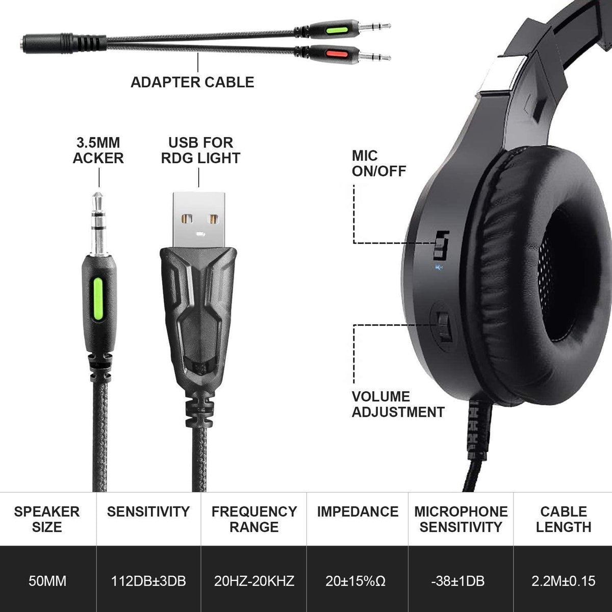 J-ANKKA - Over-Ear-Kopfhörer - F2 RGB - Gaming-Headset mit Mikrofon - Schwarz