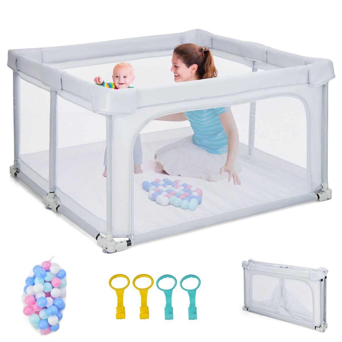Coast Faltbare Babybox 124x124x70 cm Grau mit 50 Ozeanbällen und 4 Griffen - Oxford-Gewebe, atmungsaktives Mesh
