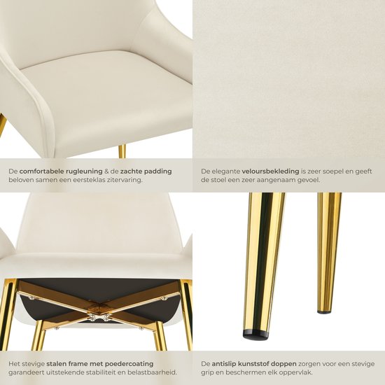 tectake - Esszimmerstuhl Avane - Samtoptik - Ergonomischer Polsterstuhl mit goldenen Stahlbeinen - Belastbarkeit 120 kg - Moderner Esszimmer- und Küchenstuhl - 2er Set - Beige
