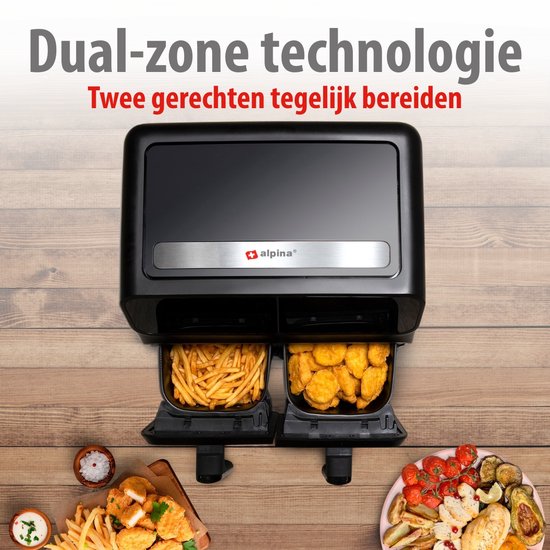 alpina Doppel-Airfryer XXL – Heißluftfritteuse 2x4 l – Airfryer mit digitalem Touchscreen – Heißluftofen für 6 Personen und mehr – 8 Kochprogramme – Sync-Modus – Timer-Funktion