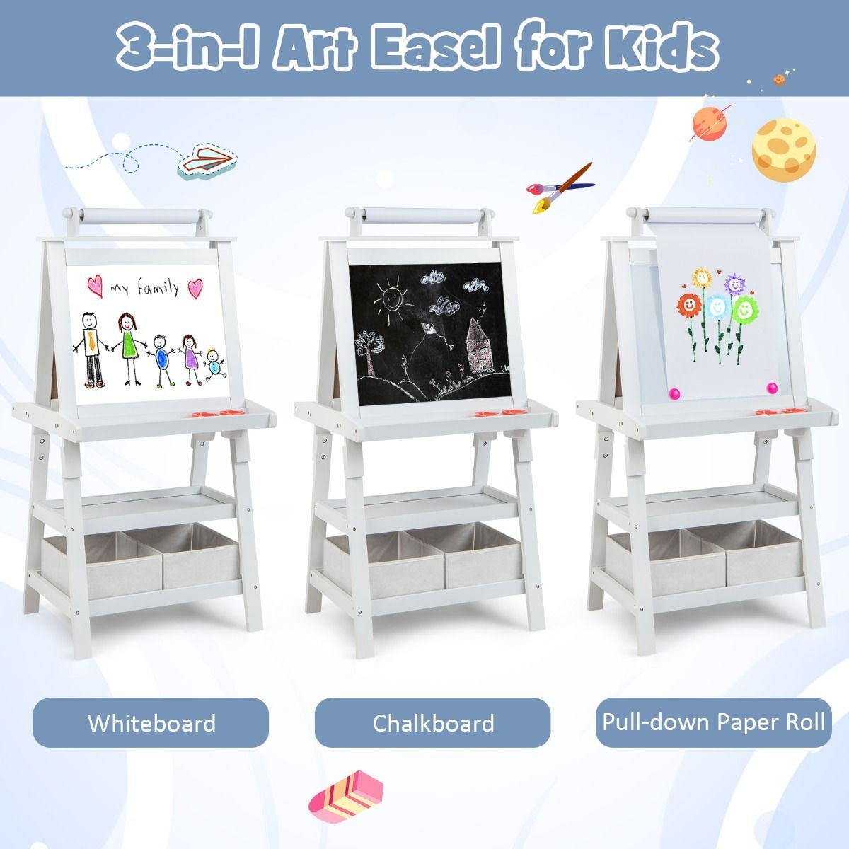 Coast 3 in 1 Kinder Staffelei - Whiteboard & Kreidetafel - inkl. Magnete 2 Ablagen - Beige - 59 x 50 x 117 cm