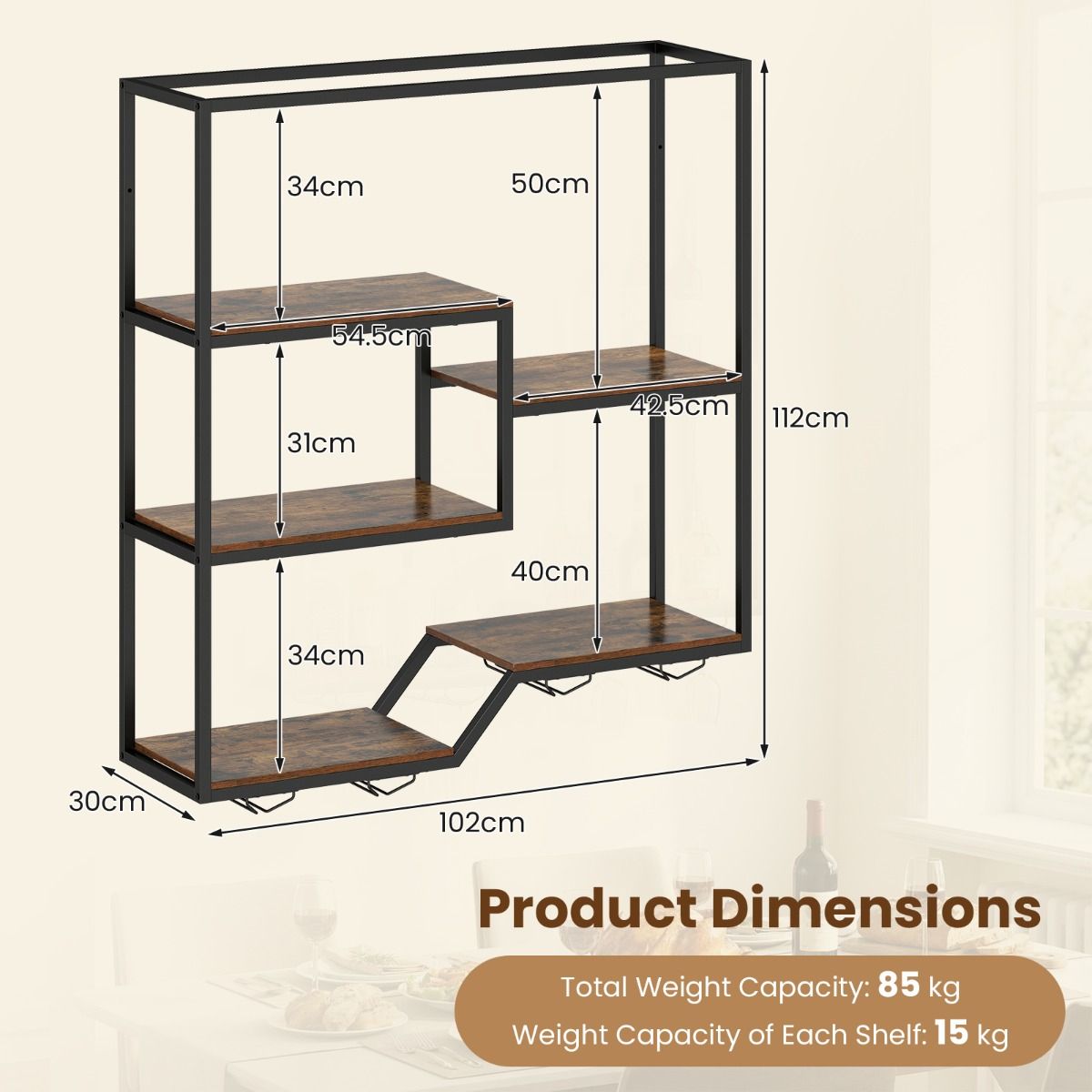 Coast Weinregal zur Wandmontage – 6 Ebenen – Flaschen- und Glashalter – braun und schwarz