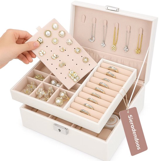 Vimora - Schmuckkästchen - für Erwachsene - Geeignet für Halsketten, Ohrringe, Armbänder & Ringe - Mit extra Boden - Schmuckkästchen Girls - Weiß