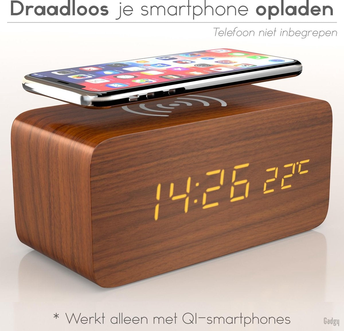 Gadgy Digitaler Wecker mit drahtlosem Ladegerät - Wecker aus Holz - Tischuhr - Wecker mit Temperatur, Datum und Uhrzeit