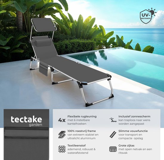 tectake® Liege Aurelie mit Sonnendach und Kissen - Liege - Sonnenliege - Klappbare Balkonliege aus Aluminium - Wetterfeste Gartenliege für Garten, Balkon, Camping und Strand - Verstellbare Rückenlehne mit Kissen - Anthrazit