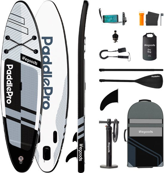 LifeGoods PaddlePro SUP Board Pro - Pro Set - Aufblasbares Paddle Board - Max. 150KG - 320x81cm - Schwarz/Weiß
