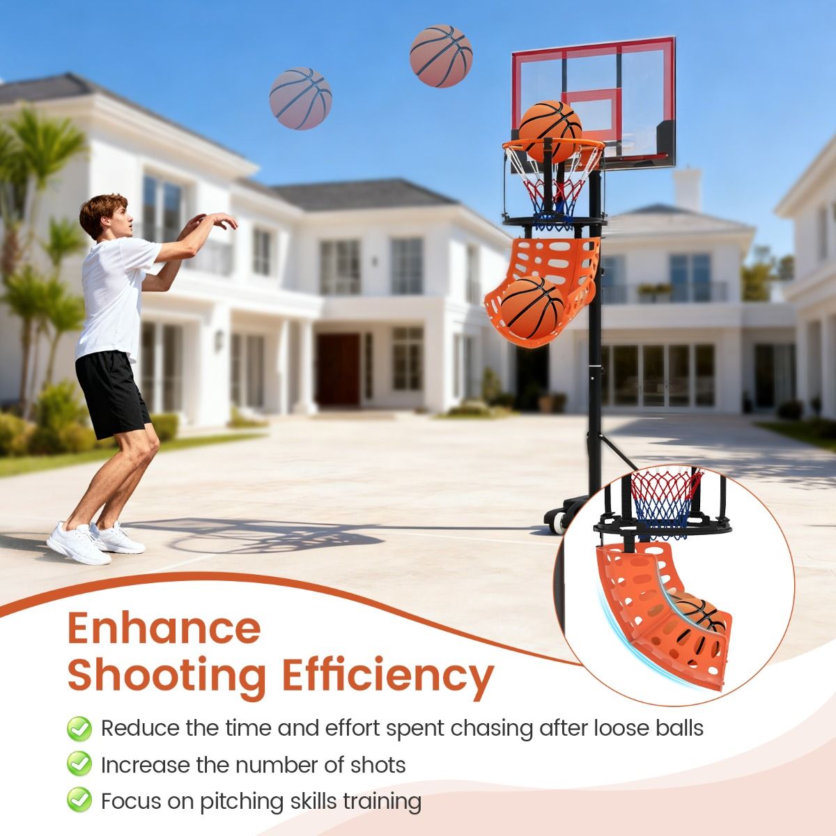 Coast Basketball-Rebounder – um 360 Grad drehbar – einstellbare Rückprallkraft – schwarz und orange