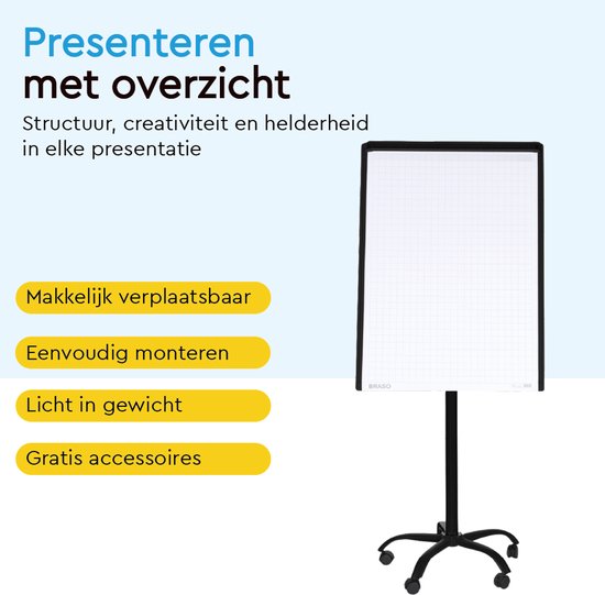 BRASQ Flipchart Mobile - 70x100 cm - Verstellbares Whiteboard - Inklusive 25 Blatt Papier, 4 Marker, 8 Magnete, Radiergummi - Flipchart mit Papierklammer und Haken - Magnettafel - Magnettafel - Schwarz