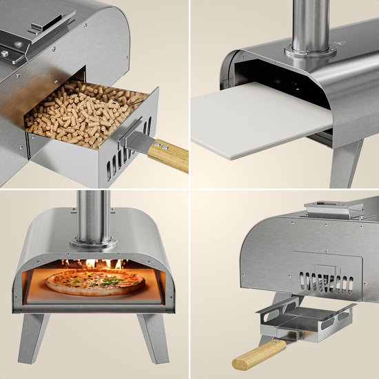 KitchenBrothers Pizzaofen - Holzbefeuert - Tischplatte - klappbar - Pizzastein - bis zu 460°C - Edelstahl - Komplettset - Pizzaofen für draußen - Edelstahl