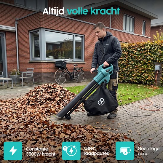 Infinity Goods Elektrischer Laubbläser und -sauger – 3500 W – Häckselfunktion – 45-Liter-Auffangbeutel – mit Kabel – 280 km/h Luftgeschwindigkeit
