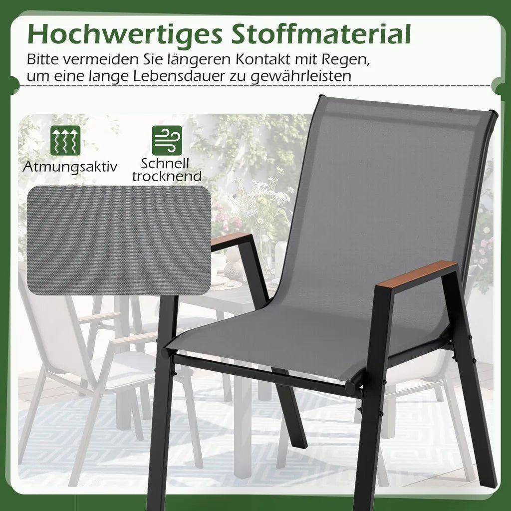 Coast Stapelbares Gartenstuhl-Set, 4er-Set – Balkonstühle mit Armlehnen, 56 x 66 x 88 cm – Grau