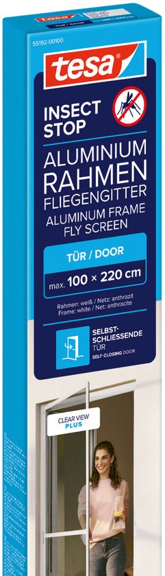tesa INSECT STOP Aluminium-Fliegengitter für Türrahmen – Fliegengitter mit Aluminiumrahmen, klare Sicht, anthrazit – 100 x 220 cm