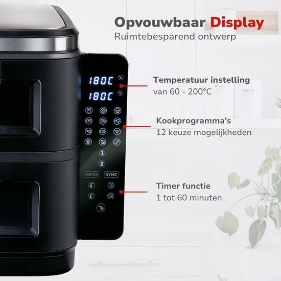 alpina Airfryer XXL - Doppel-Luftfritteuse 11L - Heißluftfritteuse 2 Körbe - Doppelt gestapelt für 8 Personen - Klappbares Display - Timerfunktion bis zu 60 Minuten - Temperatur 60-200°C - Schwarz