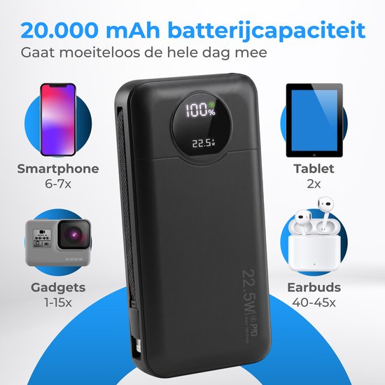 Nuvance Powerbank 20000 mAh – 22,5 W Schnellladegerät mit USB-C und 8-Pin-Anschluss – Notfallpaket – 2 Anschlüsse – 2 integrierte Kabel – Powerbank