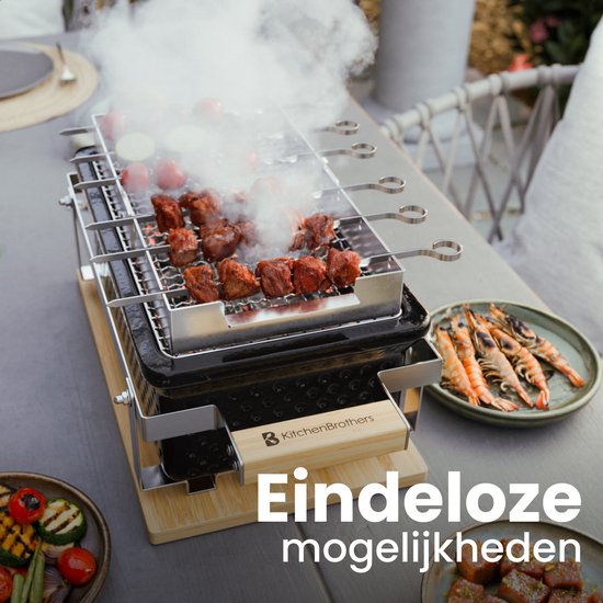 KitchenBrothers Kamado Hibachi Grill - PFAS frei - mit Grillrost und Stöcken - Holzkohlegrill - Shichirin Tischgrill - Rechteckiger BBQ - Keramikgrill - Schwarz