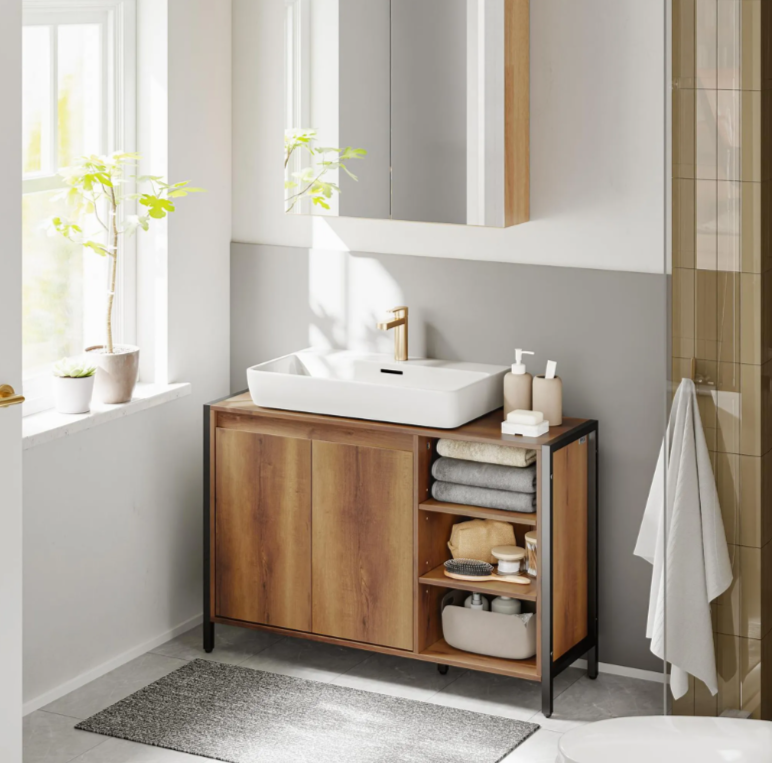 SoBuy Waschbeckenunterschrank 90 x 30 x 60 cm – Braun/Schwarz – 2 Türen – 3 Einlegeböden