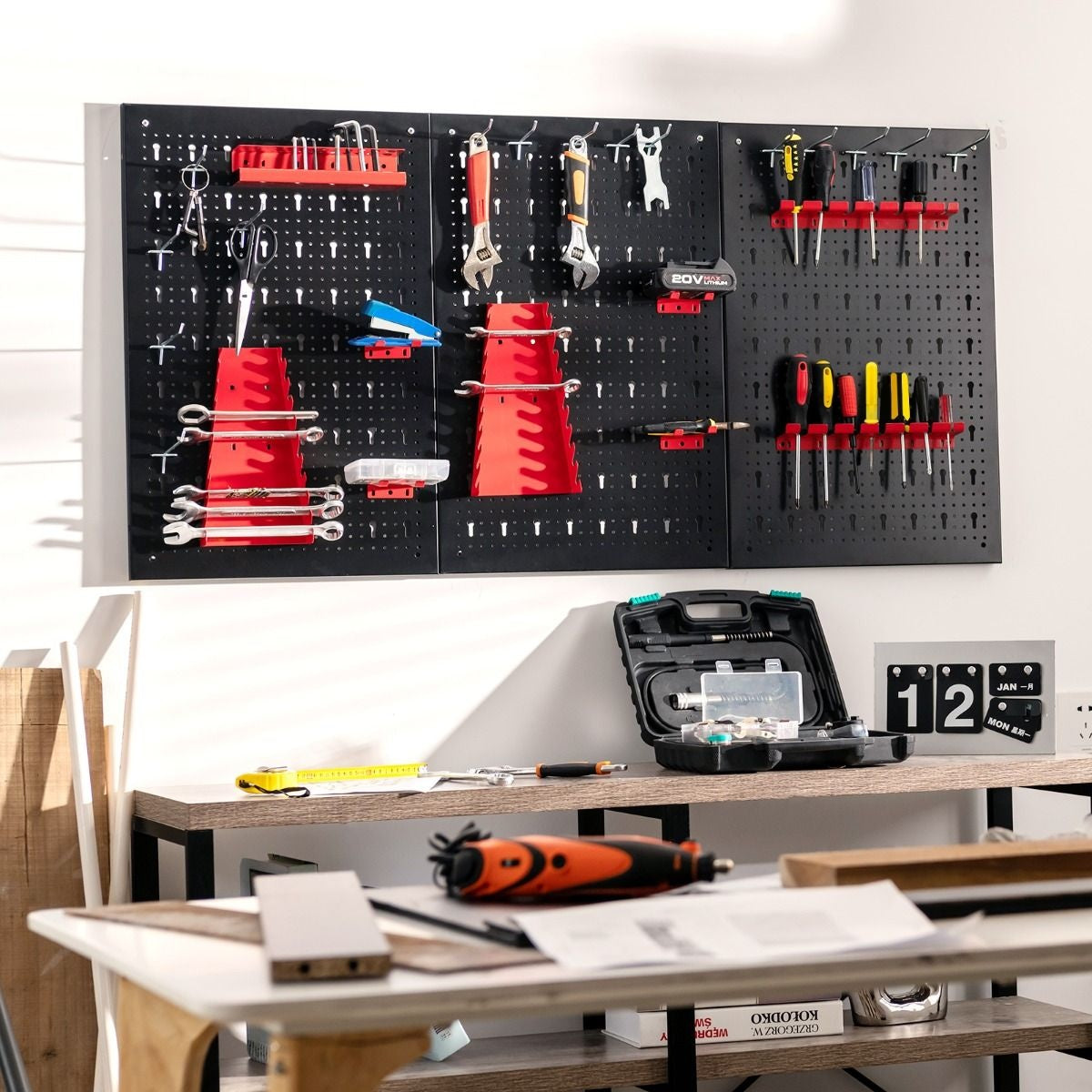 Pegboard Wall Organiser Metall Pegboard Tools Storage Kit mit 3 Pegboards & 25 hängenden Zubehör Schwarz+Rot