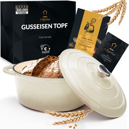 Chefarone-Gusseisenpfanne 4,7 l – PFAS-frei – Bratpfanne inklusive Deckel – Kochgeschirr für alle Wärmequellen – Kochtopf Ø 26 cm – cremeweiß emailliert – Geschenk für Frauen
