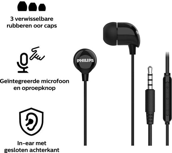 Philips In-Ear-Kopfhörer TAE1156BK – Clear Sound – mit Kabel – Fernbedienung mit Mikrofon – 3,5-mm-Klinkenstecker – Schwarz