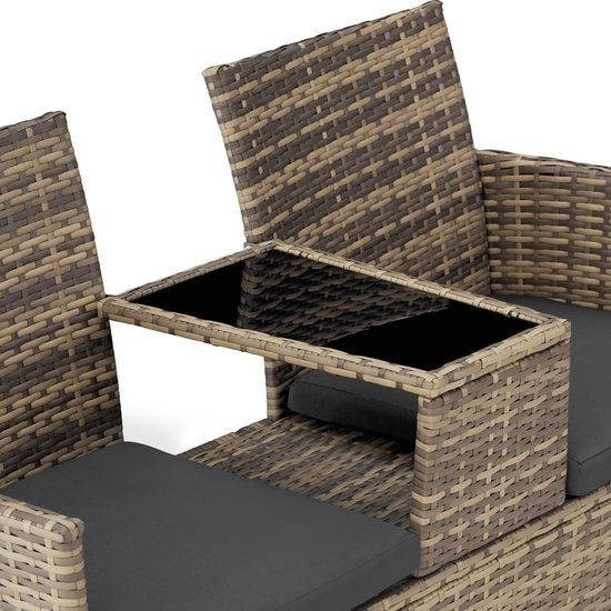 tectake - Geflecht-Gartenbank mit Tisch, 2-Sitzer-Bank, 131 x 61 x 82 cm, Gartenbank für Balkon und Terrasse, Gartenbank inklusive Sitzkissen - natur