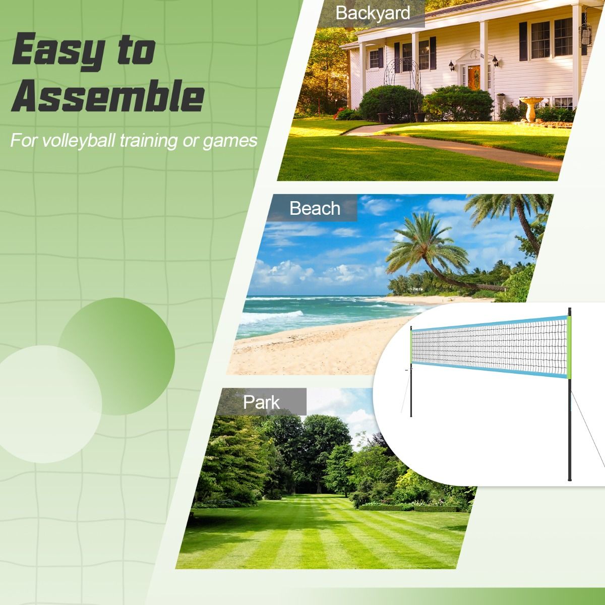 Coast Volleyballnetz für Pool und Strand - Verstellbar mit Ständern - 9,75 x 0,9 m - Grün