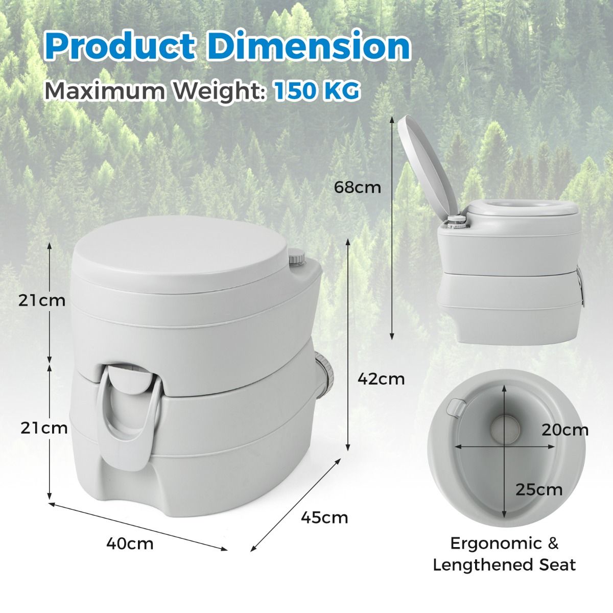 Coast Portable Campingtoilette - abnehmbarer 20L Wassertank - mit Spülpumpe - 45 x 40 x 42 cm - Grau