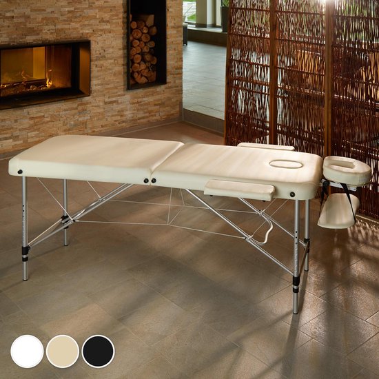 tectake - Aluminium-Massagetisch 2 Zonen, Massagetisch 4cm Matratze, klappbarer Massagetisch, höhenverstellbarer Aluminium-Massagetisch, tragbarer Massagetisch inklusive Zubehör, Aluminium-Kopfstütze, Armlehne und Tragetasche - beige