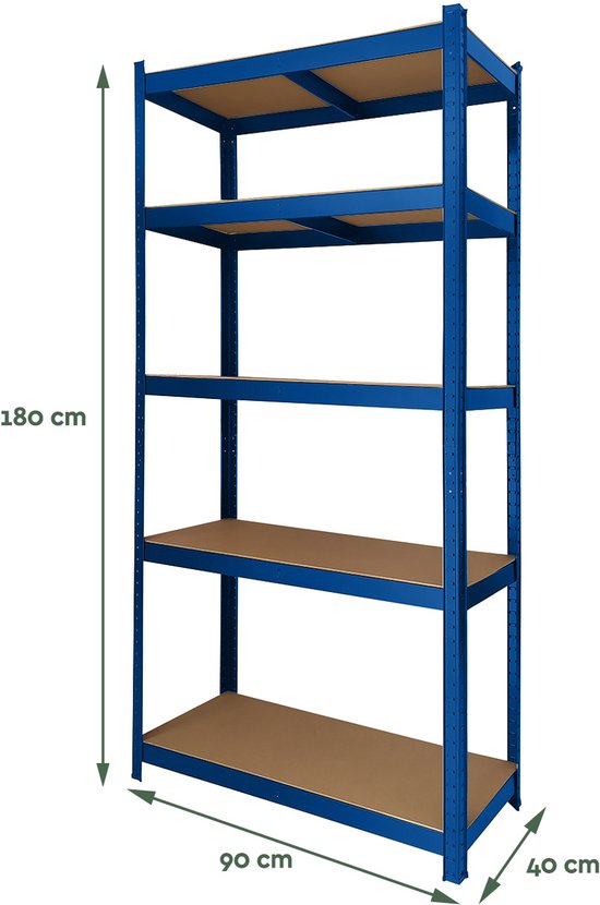 BRASQ Blaues Metallregal – Aufbewahrungsregal – Wandschrank – Aufbewahrungsschrank – 180 x 90 x 40 cm – 5 Ebenen – Schrank – 175 kg/Einlegeboden – max. 875 kg