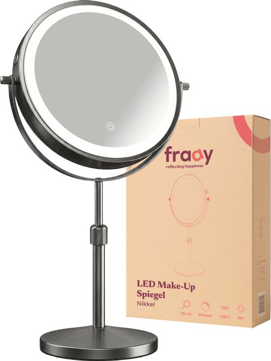 Fraay® Make-up-Spiegel mit LED-Beleuchtung – 10-fache Vergrößerung – Vergrößerungsspiegel mit Licht – Wiederaufladbar – Rasierspiegel – Badezimmerspiegel – Nickel