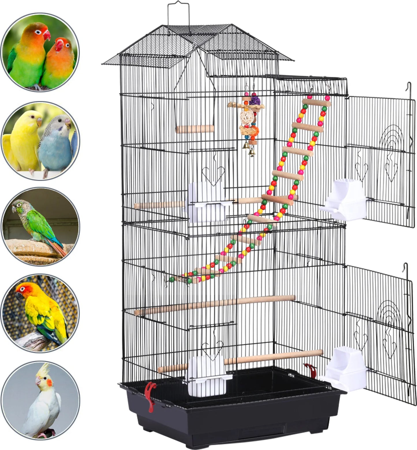 Yaheetech Vogelkäfig mit Spielplatz - 46 x 35,5 x 99 cm - Mit abnehmbarer Bodenplatte und Drahtschlössern und komplettem Zubehörset - Für Sittiche und Kanarienvögel - Schwarzes Metall und Holz