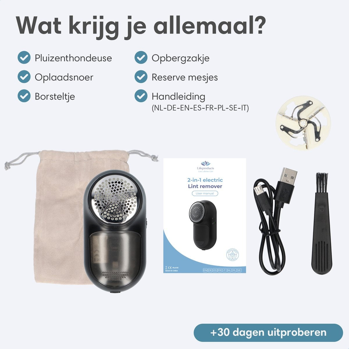 Lifeproducts Fusselentferner mit Fusselbürste - Elektrisch und wiederaufladbar - Entblätterer - Fusseldieb mit 3 Extraklingen und Aufbewahrungstasche