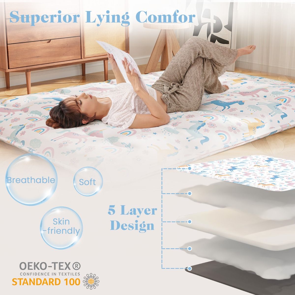 Coast Futonmatratze – waschbarer Bezug – inklusive Tragetasche – farbenfroh 140 x 200 cm