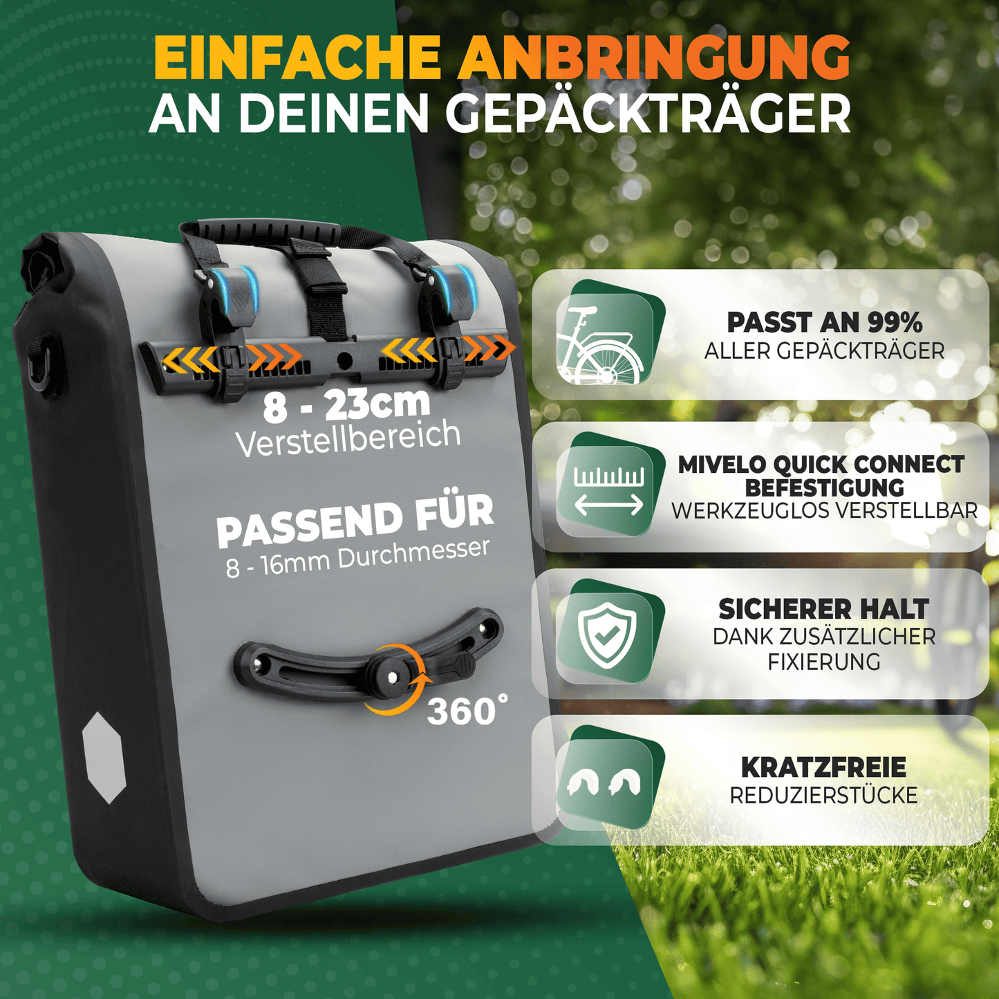 MiVelo Max - 2-in-1 wasserdichte Packtasche für Gepäckträger - Grau - 25 L