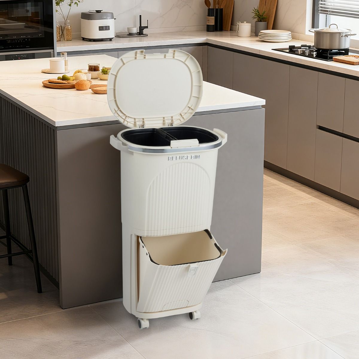 Coast Mülltrennungsbehälter auf Rädern – 3 Fächer – Pedal und Druckknopf – Beige – 38 Liter