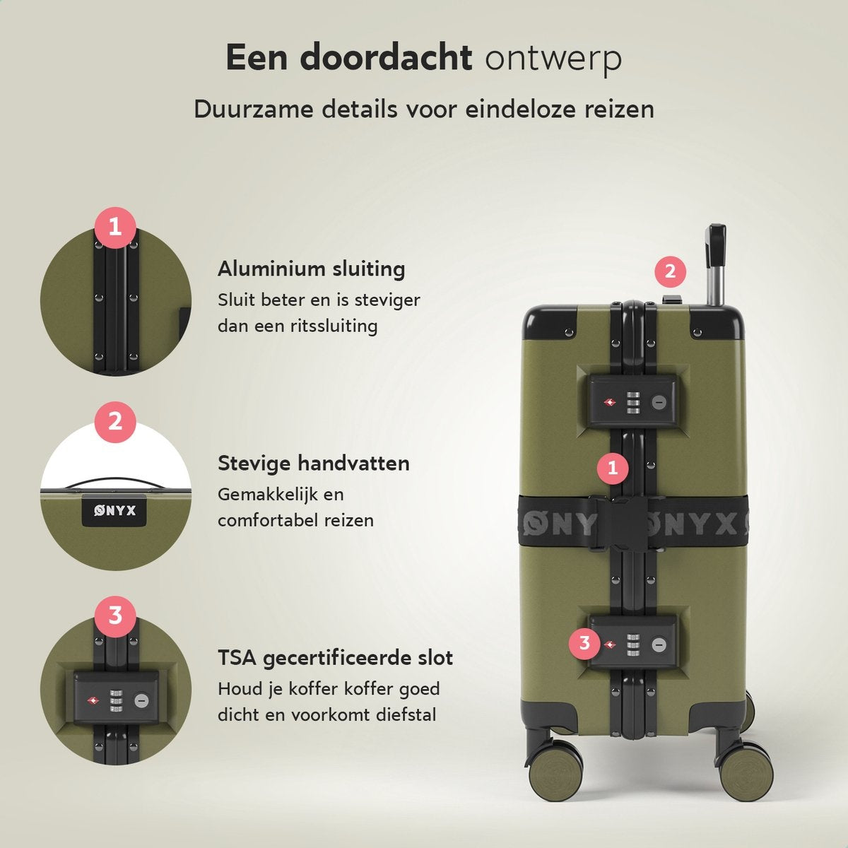 ONYX® - Handgepäckkoffer 33L - TSA-Schloss - Spinner-Rollen - Leichter Trolley - Aluminiumverschluss - Olivgrün