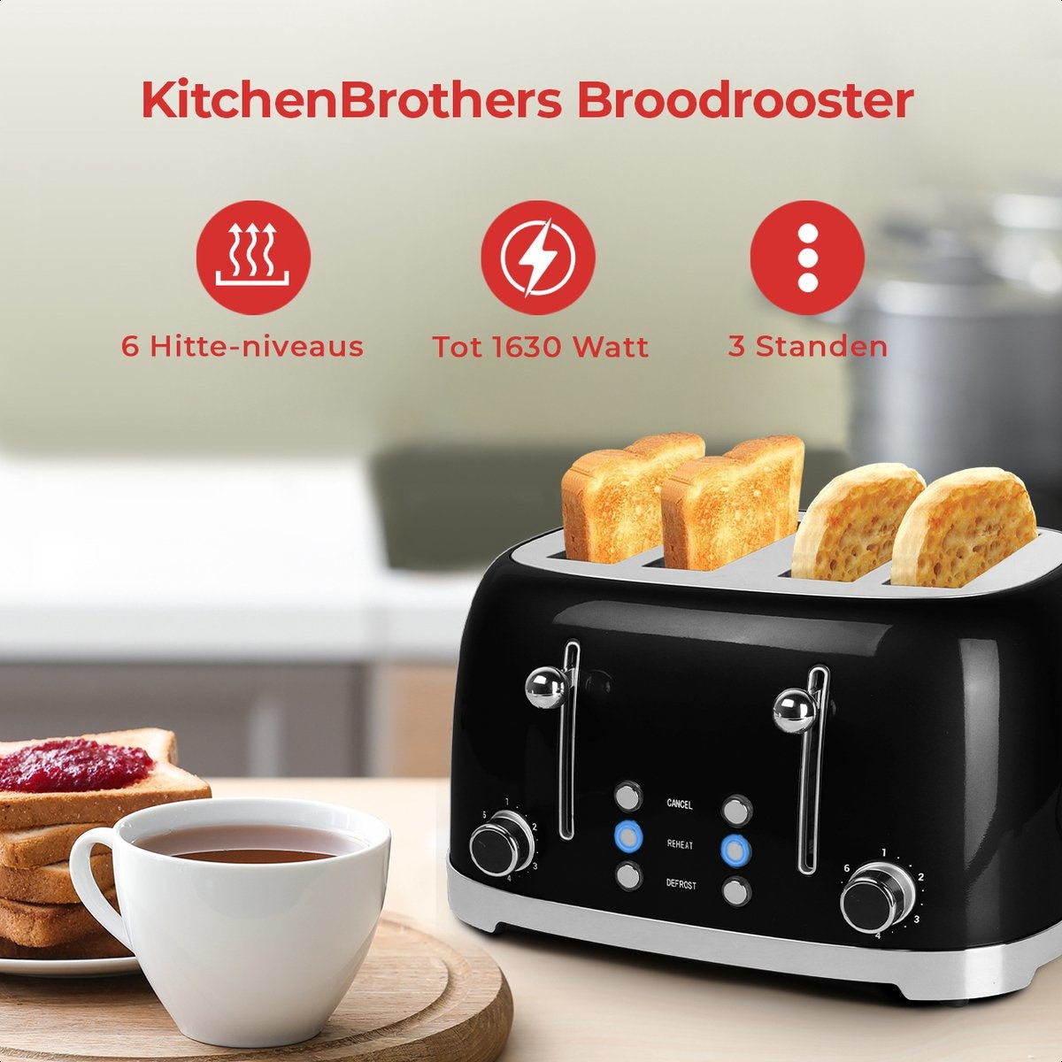 KitchenBrothers Retro-Toaster - 6 Heizstufen - 4 extra breite Schlitze - 1630W - Aufwärm- und Auftaufunktion - Schwarz