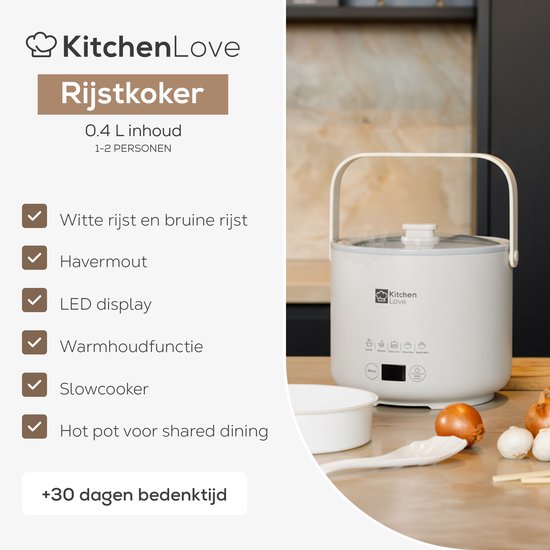 KitchenLove Reiskocher - 0.4L - Multikocher - Langsamkocher - 1 bis 2 Personen - Klein - Cremeweiß