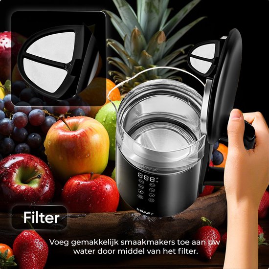 KRAFT - Wasserkocher - mit Temperaturregelung - 1,7 Liter - 2200W - Glas - LED Touch - Schwarz