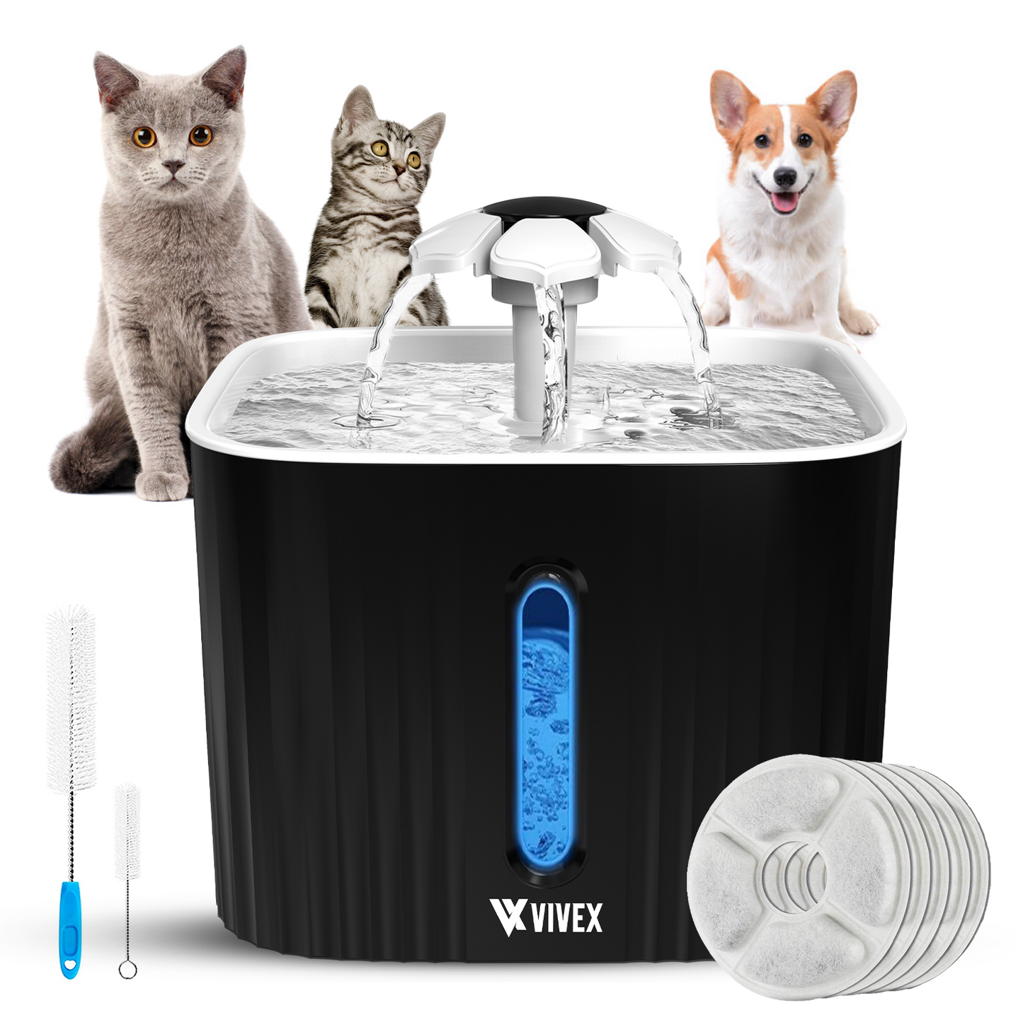 Vivex® Trinkbrunnen - Trinkbrunnen für Katzen und Hunde - Inkl. 5 Filter und Reinigungswerkzeug - Leise wie ein Mäuschen