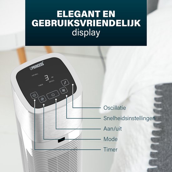 Intelligenter Turmventilator – ohne Flügel – mit App und Fernbedienung – Timer – energieeffizient – Princess 358275 – Weiß