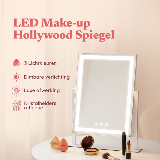 Fraay® Hollywoodspiegel mit Beleuchtung 41x30cm - 3 Lichtstufen - Schminkspiegel mit 10-facher Vergrößerung - LED-Streifenbeleuchtung dimmbar - inkl. Beauty Blender und Puderquaste