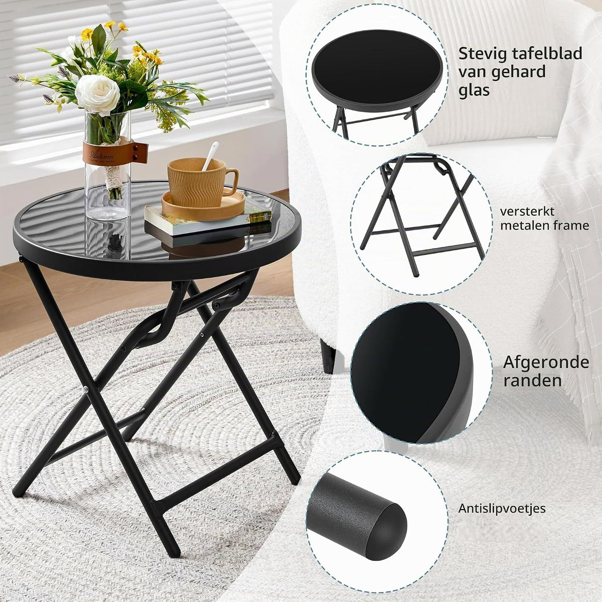 Yaheetech Runder Klapptisch Ø 46 cm – schwarzes Glas und Metall, wetterfest